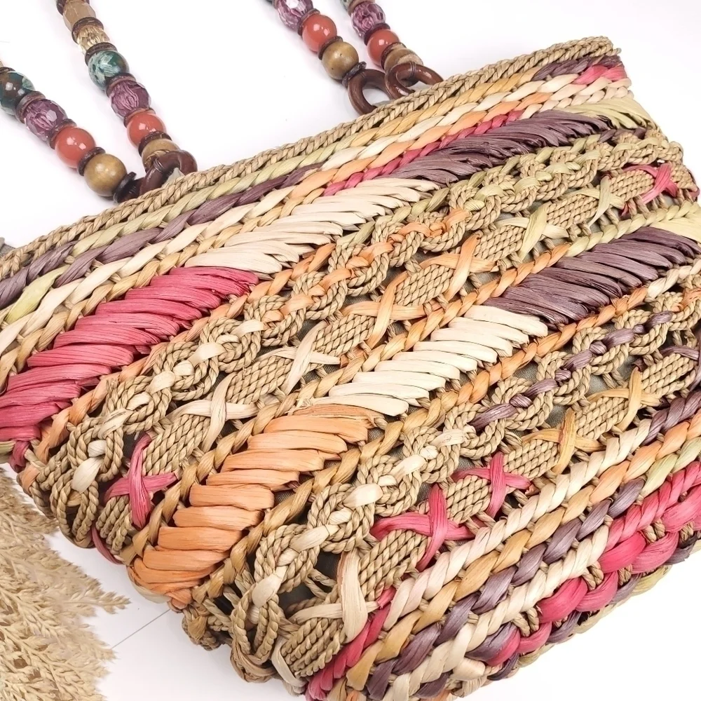 Miami Blue Multicolored Straw Beaded Hobo - Picture 2 of 13